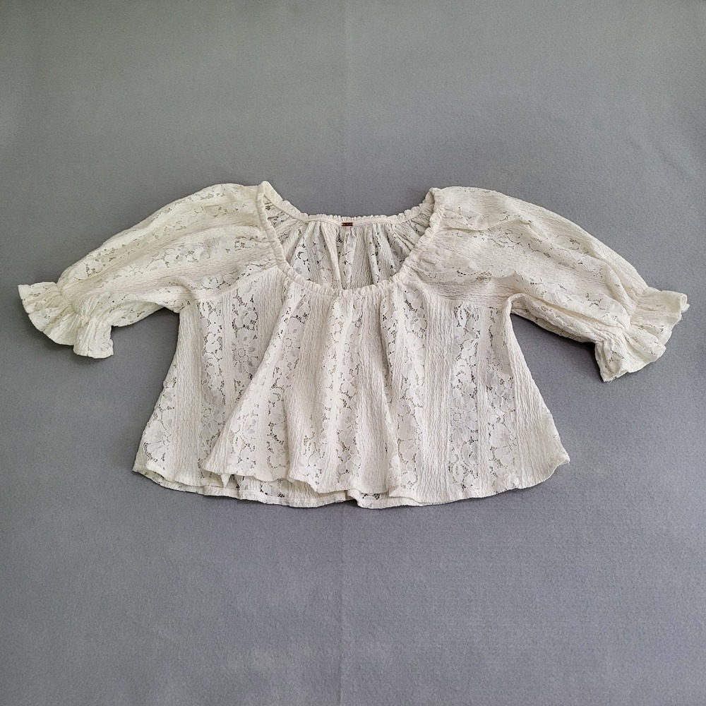 Free People Cream Lace Off The Shoulder Crop Top Women's M Peasant Cottage Core